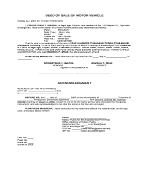 Printable Deed of Sale of Motor Vehicle  Form