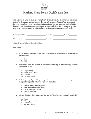 Overhead Crane Permit Qualification Test Answers  Form