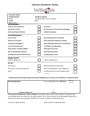 Vehicle Handover Sheet  Form