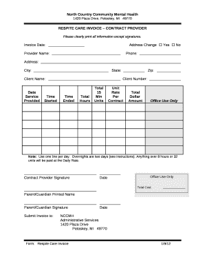 RESPITE CARE INVOICE CONTRACT PROVIDER  Form