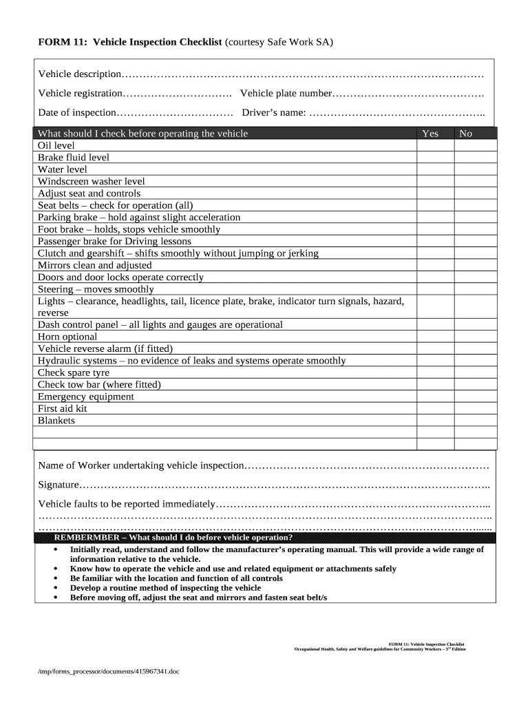 FORM 11Vehicle Inspection Checklist Courtesy Safe Work SA