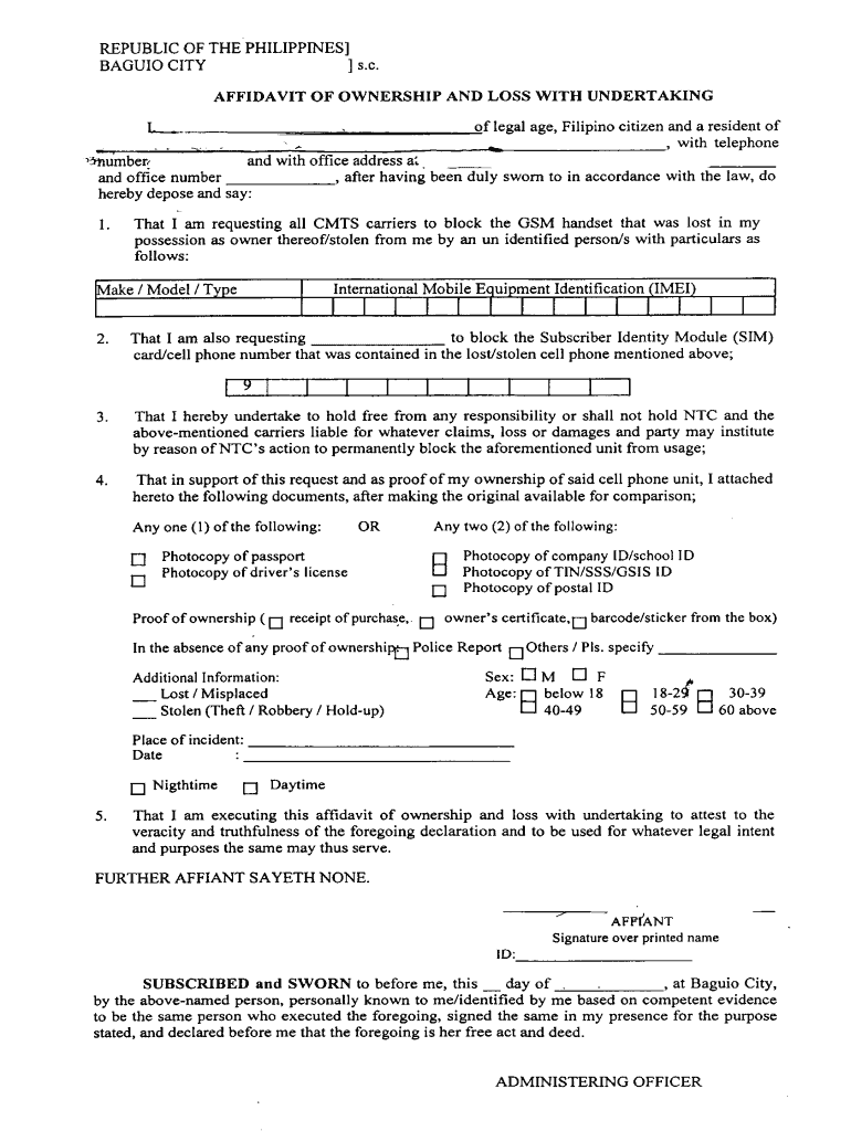 AFFIDAVIT of OWNERSHIP and LOSS with UNDERTAKING  Form