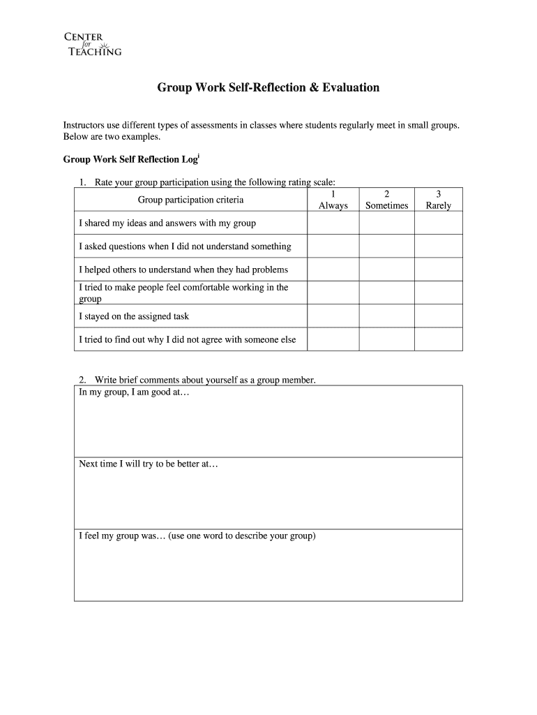 Group Work Self Reflection &amp; Evaluation  Form