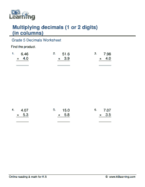 Multiplying Decimals 1 or 2 Digits  Form