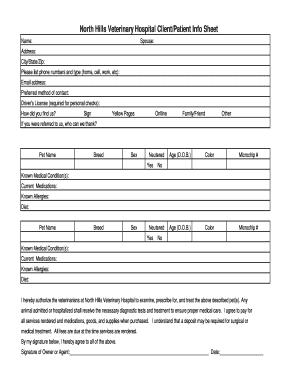 Veterinary Hospitalisation Sheet Template  Form