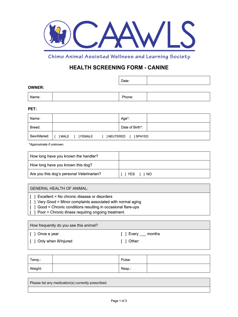 HEALTH SCREENING FORM CANINE