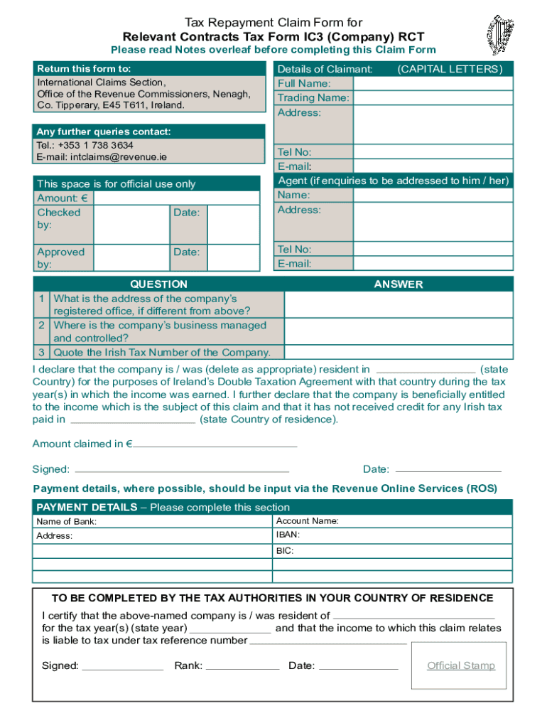 Form IC3 Tax Repayment Claim Form for Relevant Contracts Tax Tax Repayment Claim Form for Relevant Contracts Tax