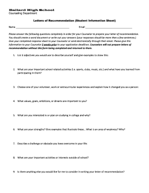 Student Information Sheet for Letter of Recommendation