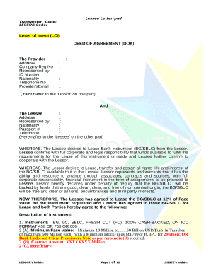 Deed of Agreement Template Word  Form