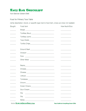 Taco Bar Checklist Printable  Form