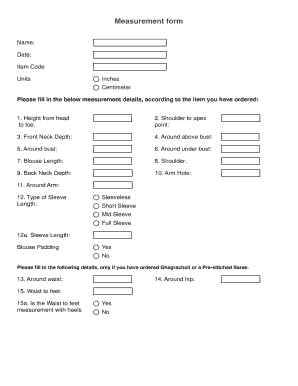 Saree Blouse Measurement Chart PDF  Form