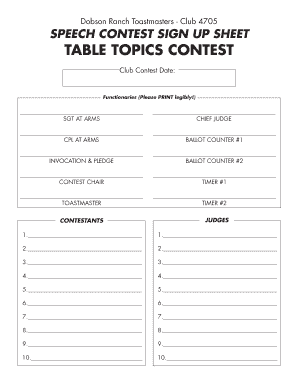 SPEECH CONTEST SIGN UP SHEET  Form