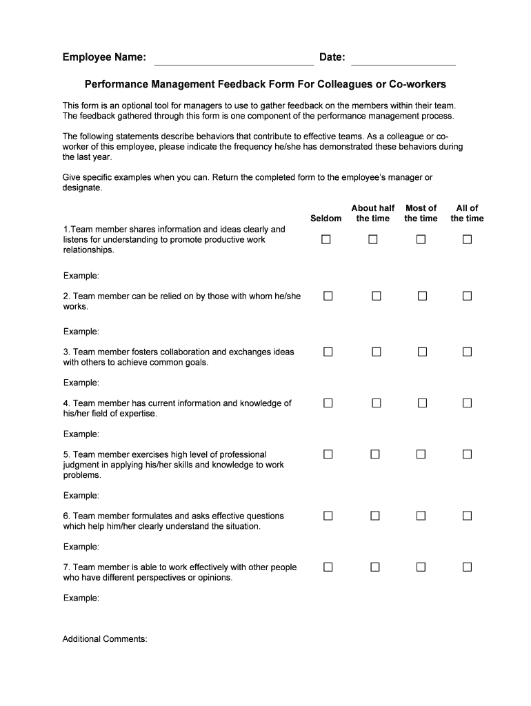 Performance Management Feedback Form for Colleagues or Co Workers