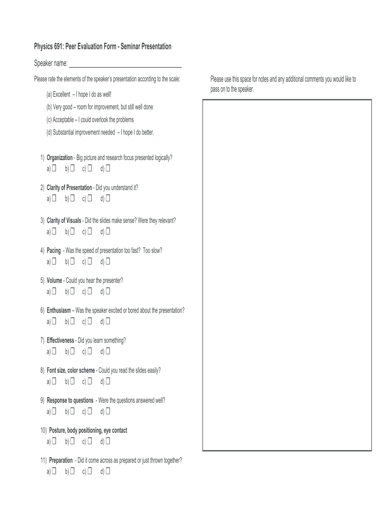 Physics 691 Peer Evaluation Form Seminar Presentation