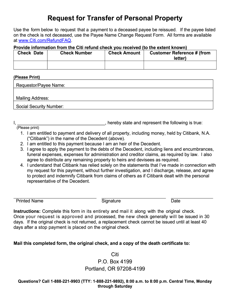 Citi Request Transfer Personal Property  Form