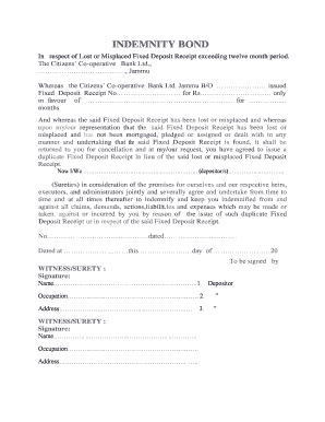 Indemnity Bond for Lost Fdr Bank of Baroda  Form