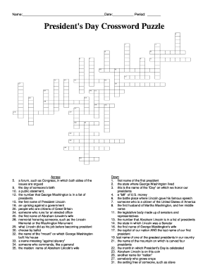 Presidents Day Crossword Puzzle  Form
