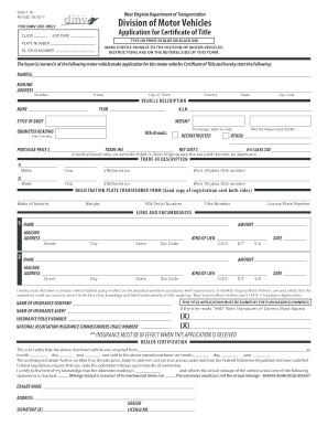  Application for Certificate of Title for a Motor Vehicle West Virginia 2017