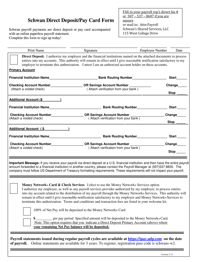 Schwan's Pay Card  Form