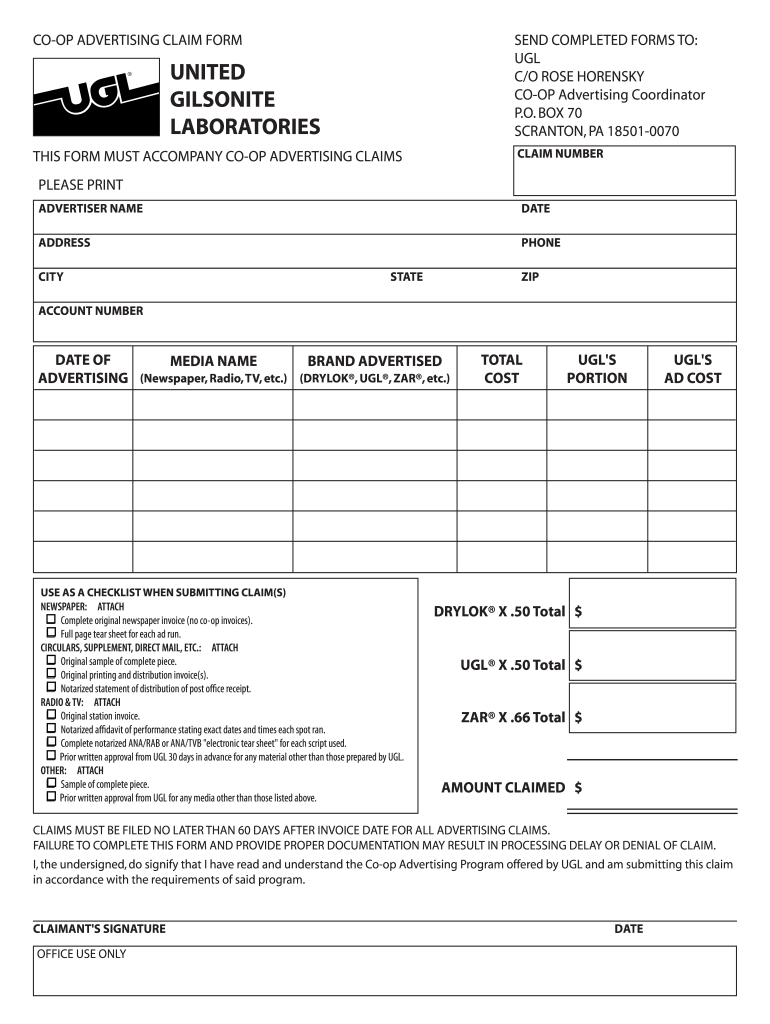 CO OP ADVERTISING CLAIM FORM