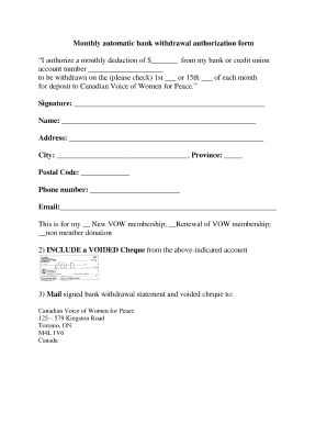 Monthly Automatic Bank Withdrawal Authorization Form