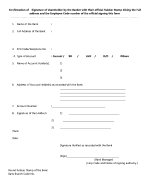 Confirmation of Signature of Shareholder by the Banker  Form