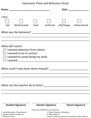 Classroom Think and Reflection Sheet  Form