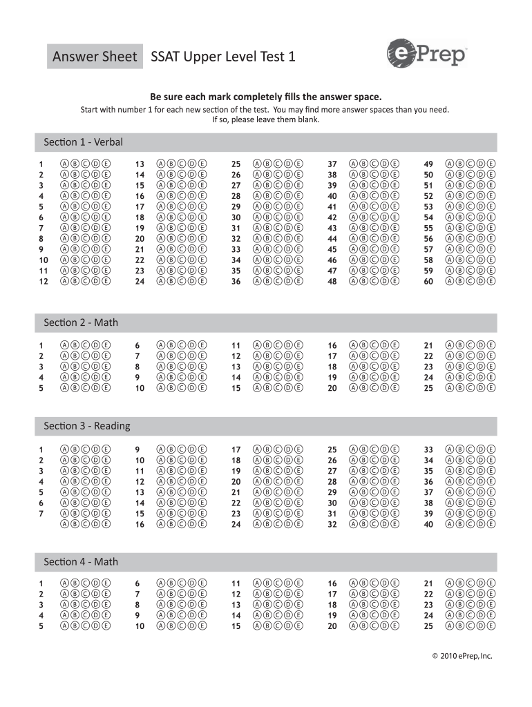 Ssat Answer Sheet  Form