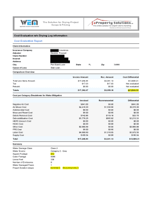 Water Damage Drying Log Template  Form