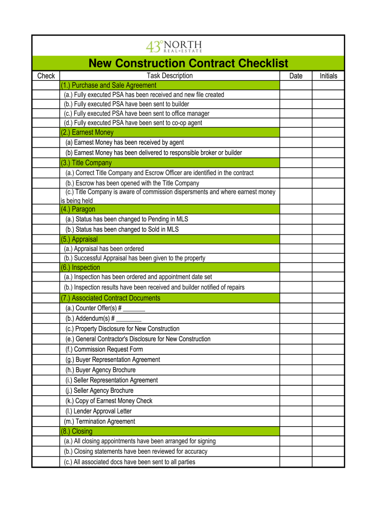 New Construction Contract Checklist  Form