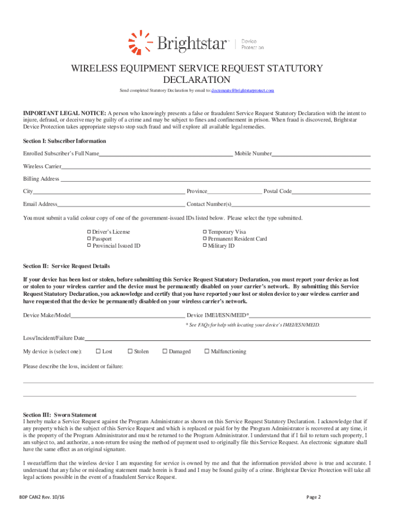 Get and Sign WIRELESS EQUIPMENT SERVICE REQUEST STATUTORY DECLARATION 2016-2022 Form