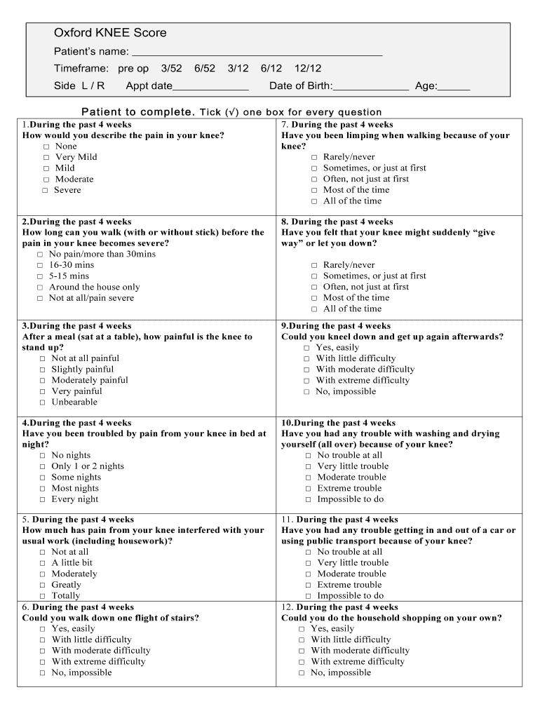 Oxford Knee Score PDF  Form