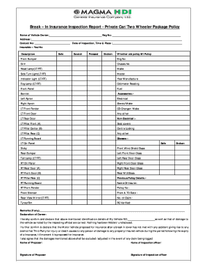 Break in Insurance Inspection Report Private CarTwo Wheeler Package Policy  Form