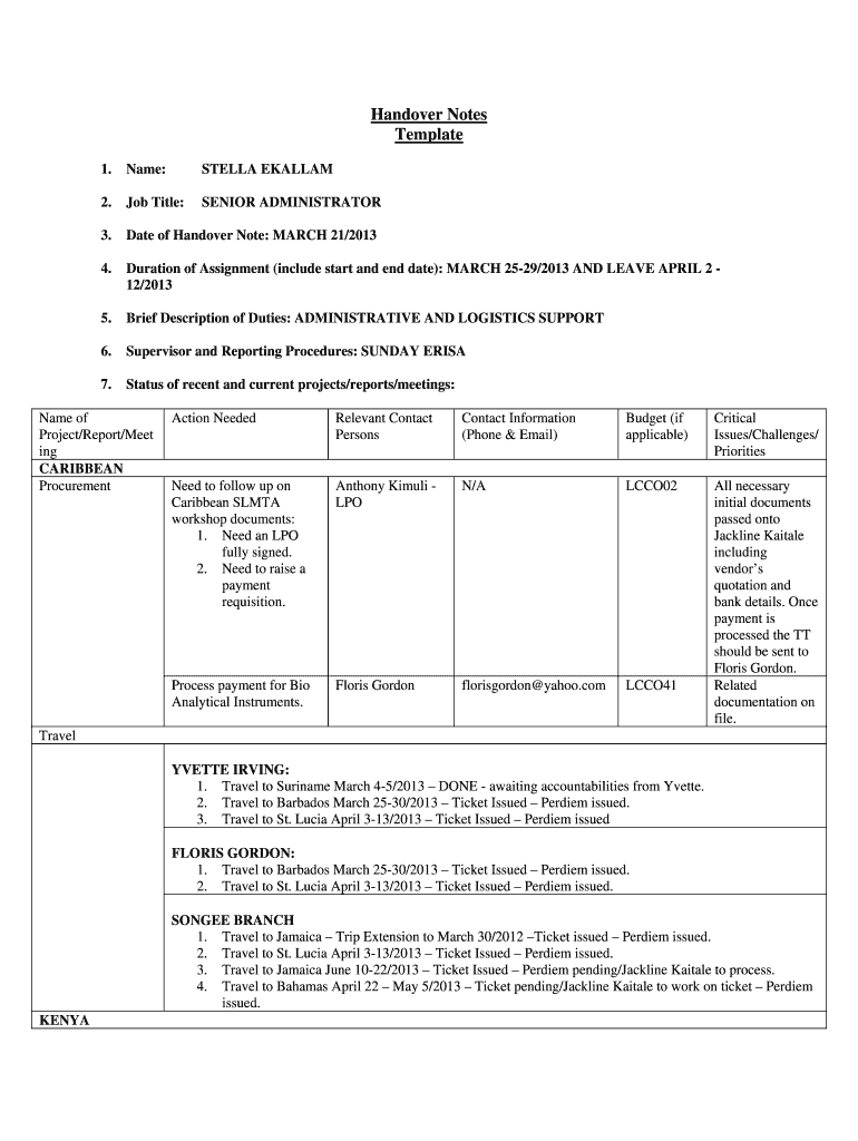 Handover Notes STELLA BURKINA  Form