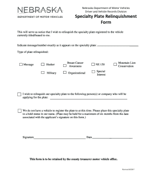 Specialty Plate Relinquishment Form Nebraska DMV