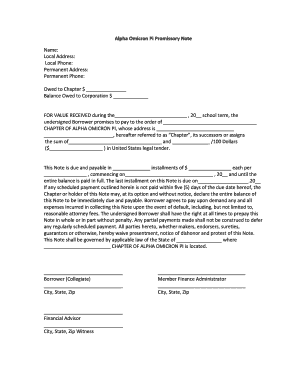 Alpha Omicron Pi Promissory Note  Form