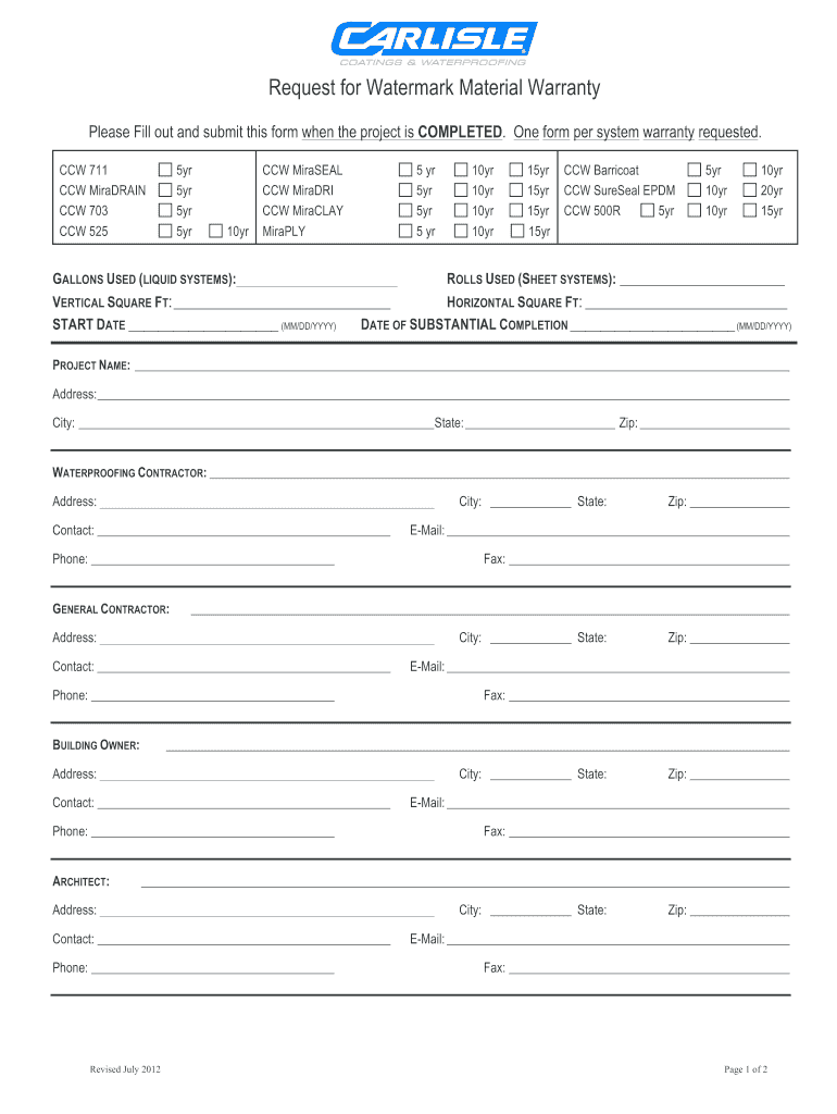Carlisle Request for Watermark Material Warranty Form