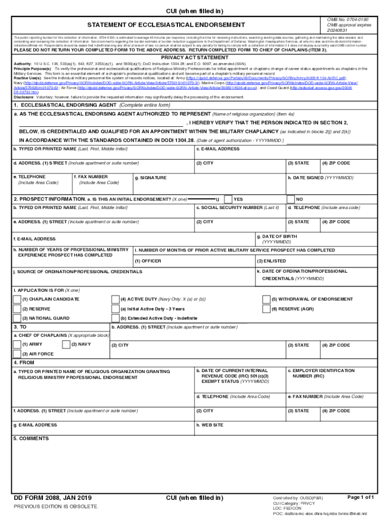  DD Form 2088, Statement of Ecclesiastical Endorsement Executive 2019-2024