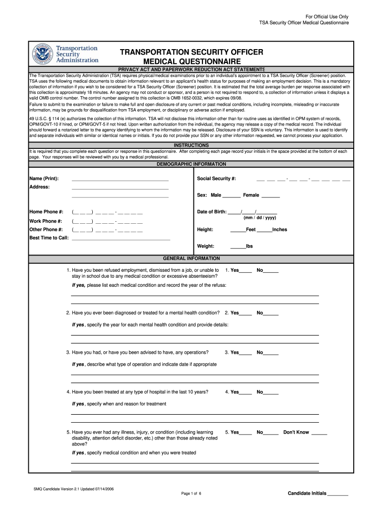  Transportation Security Officer Medical Questionnaire 2006-2024