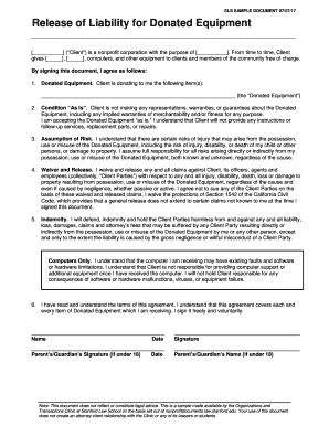 Release of Liability for Donated Equipment  Form