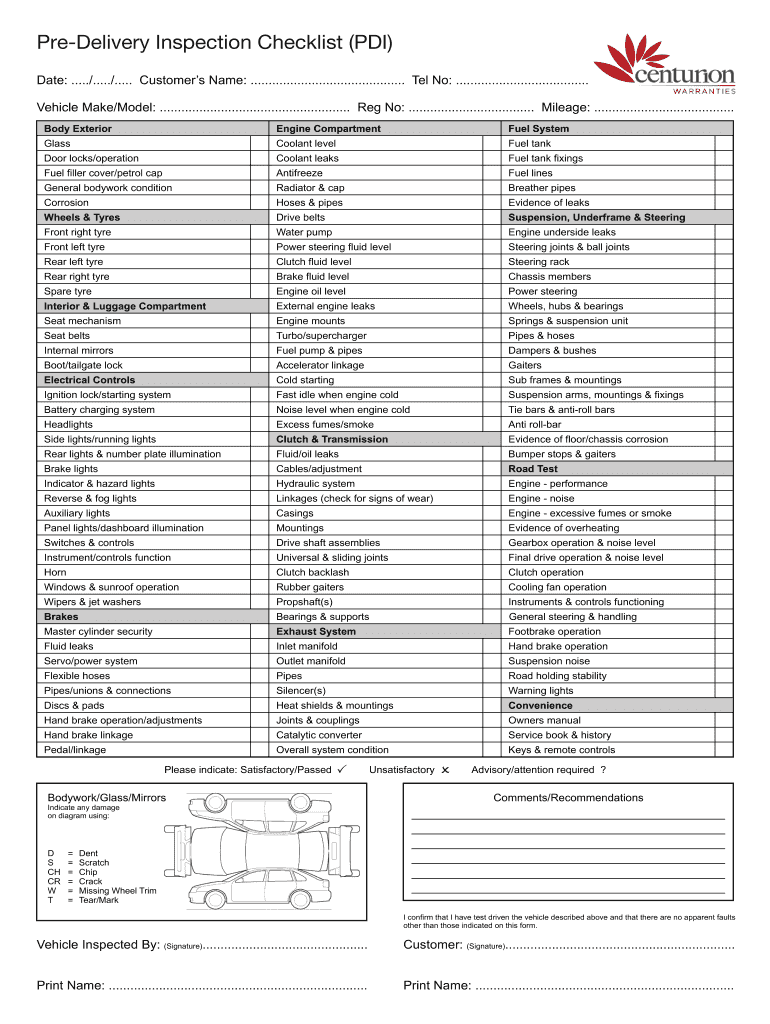 Pre Delivery Inspection Checklist PDI  Form