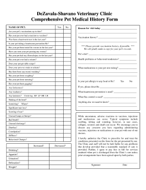 Comprehensive Pet Medical History Form