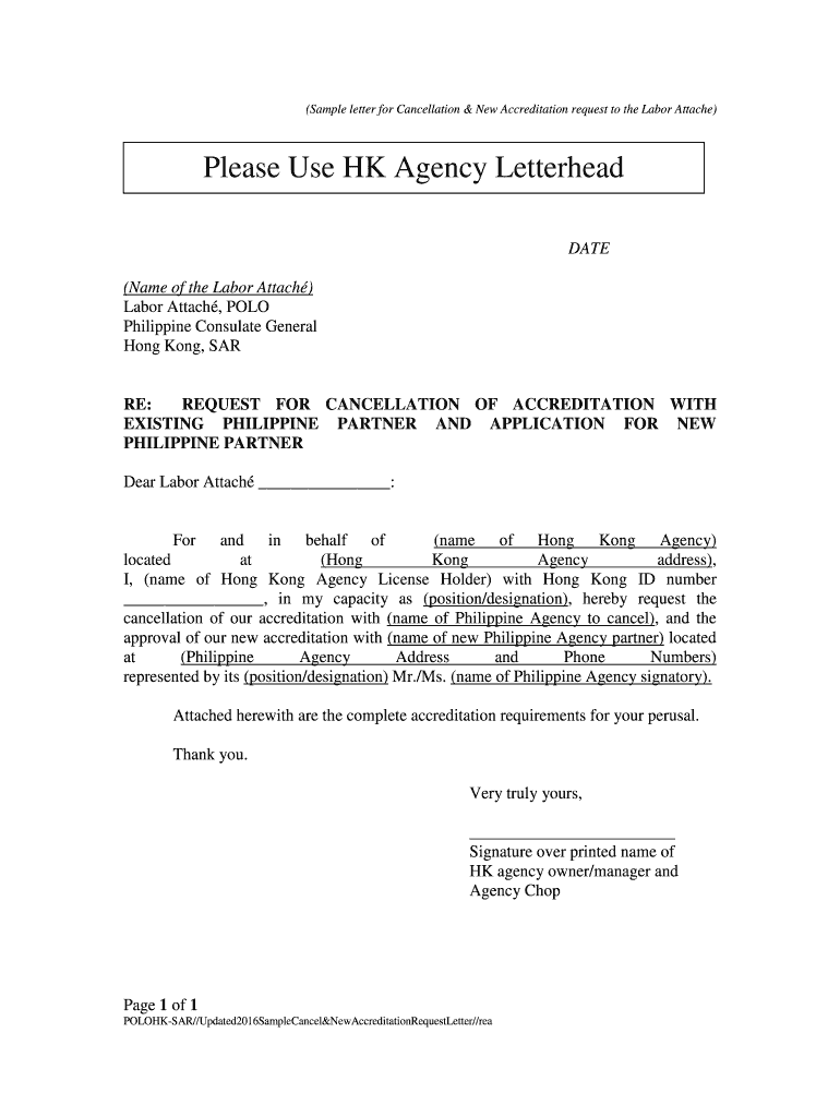 Sample Letter for Cancellation &amp; New Accreditation Request to the Labor Attache  Form