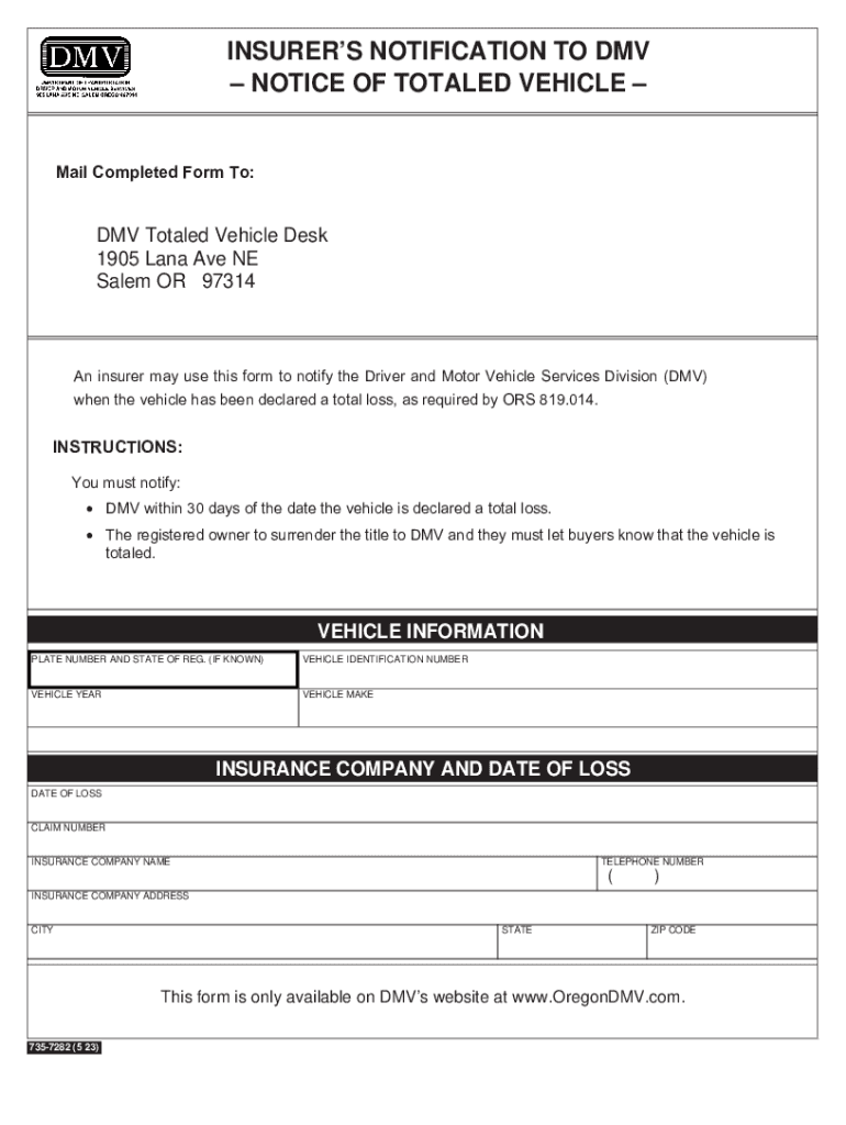 735 7282 Insurer&#039;s Notification to DMV Notice of Totaled Vehicle  Form