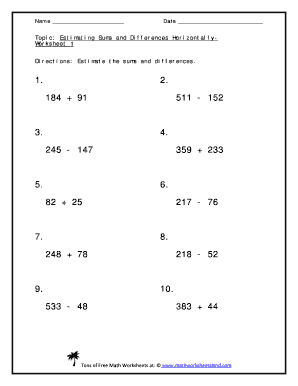 Topic Estimating Sums and Differences HorizontallyWorksheet 1  Form