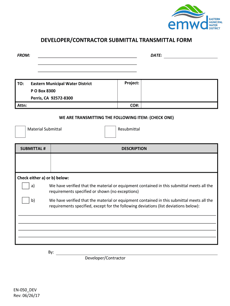 DEVELOPERCONTRACTOR SUBMITTAL TRANSMITTAL FORM