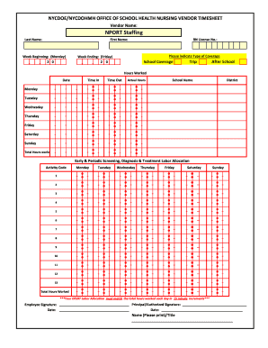 NYCDOENYCDOHMH OFFICE of SCHOOL HEALTH NURSING VENDOR TIMESHEET  Form