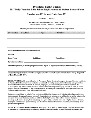 Daily Vacation Bible School Registration and Waiver Release Form