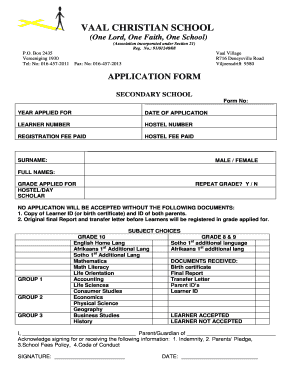 Vaal Christian Boarding School Application Forms