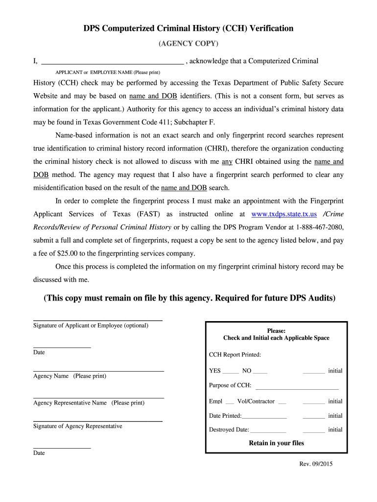 Get and Sign Dps Computerized Criminal History Cch Verification 2015-2022 Form